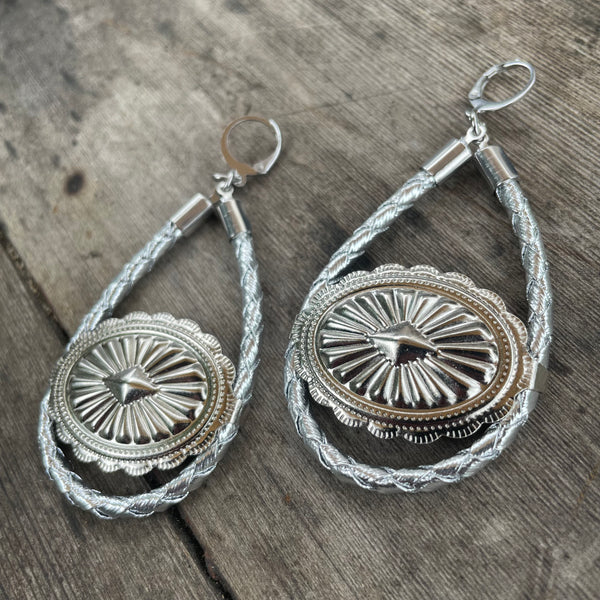 Silver Bolo Cord Concho Hoop Earrings