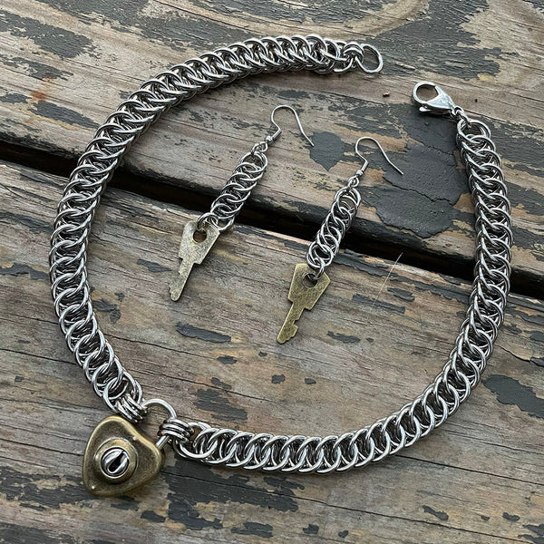 Brass Heart Lock Chainmaille Necklace Set