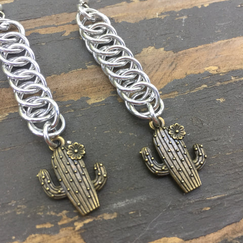 Brass Cactus Medium Chainmaille Earrings