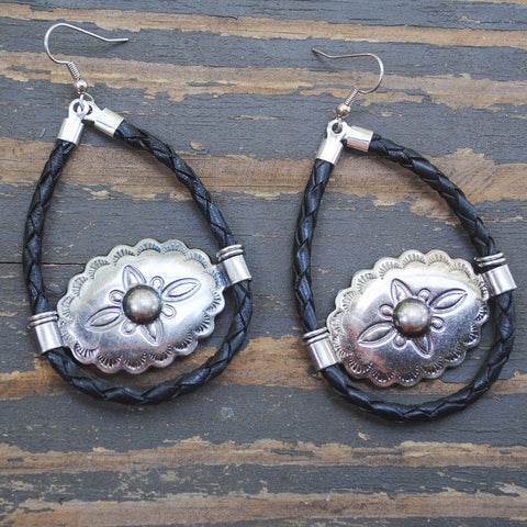 Gunmetal & Black Bolo Cord Concho Earrings