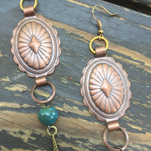Copper tone Concho + Lightning Bolt Earrings